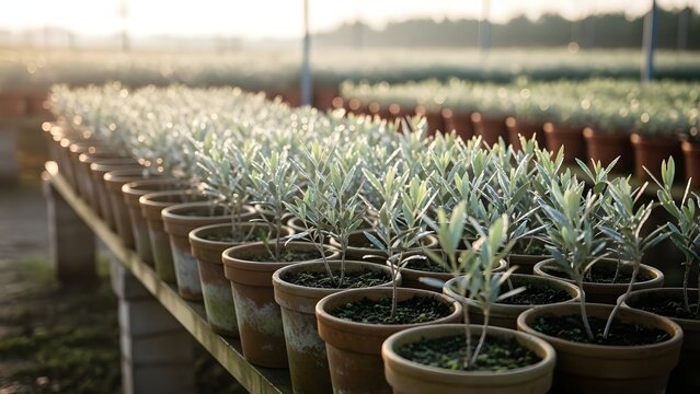 Rows of potted plants with silvery leaves in a greenhouse under bright sunlight environment indoors