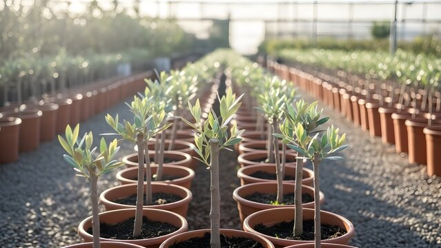 World Olive Day: Rows of potted olive saplings in a greenhouse nursery with gravel floor and sunlight streaming through - Powered by Adobe