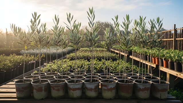Rows of potted olive saplings at a plant nursery under a bright sky with other plants in background