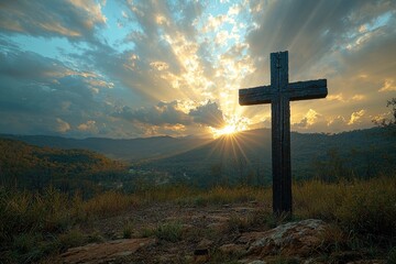 A cinematic landscape shot of a lone cross overlooking a wide angle