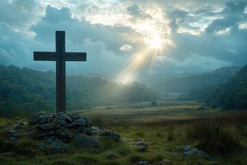 A cinematic landscape shot of a lone cross overlooking a wide angle