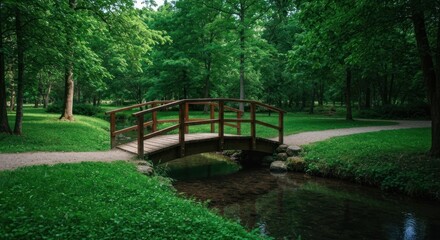 Lush park with a quaint wooden bridge over a flowing stream