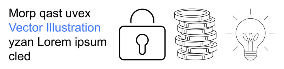 Financial growth, technology security, innovation, business strategy, idea generation, entrepreneurship. A padlock, coins stack and lightbulb icons. Technology security and financial growth concept
