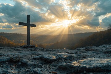 A cinematic landscape shot of a lone cross overlooking a wide angle