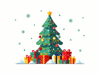 Vector illustration of a decorated Christmas tree with a gold star on top and colorful gift boxes at the base, surrounded by snowflakes.