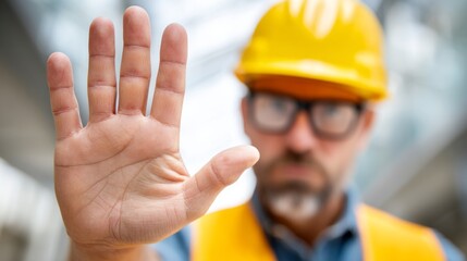 A construction worker with a yellow hard hat and safety vest raises a hand in a stop gesture. The setting is busy, and the worker looks focused on safety and communication at the site