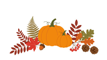 Autumn composition with pumpkins, colorful fall leaves, acorns, and berries. Vector illustration for seasonal Thanksgiving or Halloween design