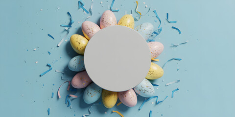 Pastel easter eggs arranged around a blank oval shape on blue