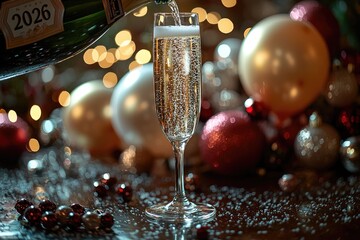 A cinematic of champagne being poured into a tall glass