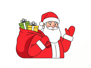 Cartoon illustration of Santa Claus with a large red sack filled with colorful Christmas gifts, waving his hand.