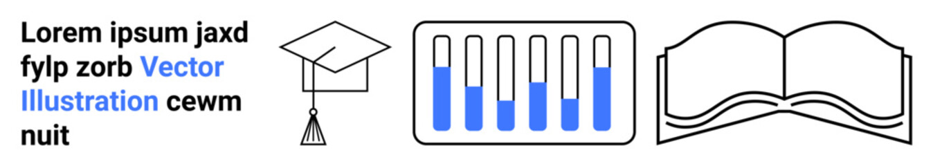 Graduation cap, test tubes with colored liquid, and open book representing education, research, and learning. Ideal for education, science, research, knowledge sharing academia innovation simple