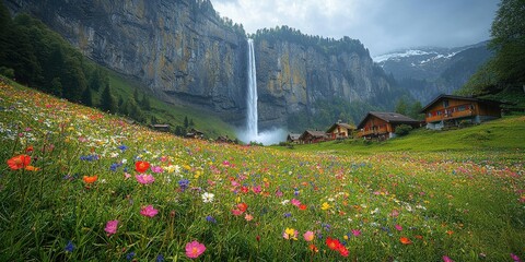 A cinematic wide shot of a lush Swiss valley reminiscent of Landscape