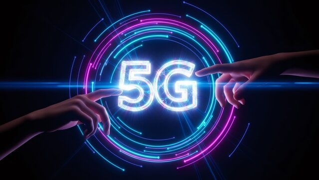 Two hands reaching for glowing 5G symbol in center of abstract cyberspace network for mobile high-speed internet technology background.