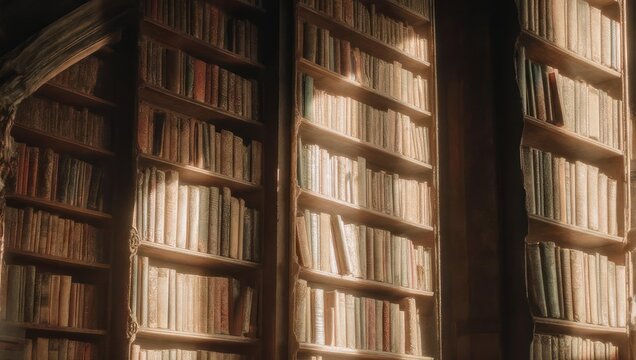 Rows of Bookshelves Filled with Old Books in Warm Sunlight. - Powered by Adobe