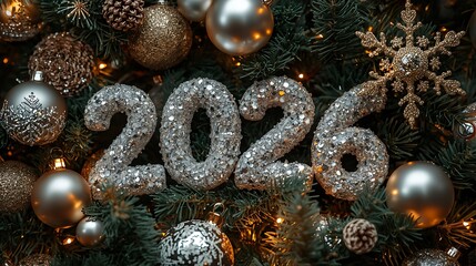 Sparkling new year 2026 numbers adorned with festive christmas tree ornaments and lights