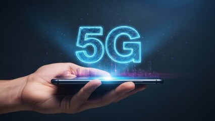 Man hand holding smartphone with 5g network hologram. Concept of high-speed internet and future technology for communication and mobile connection.