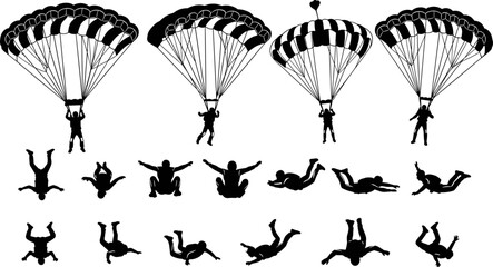 Skydiving silhouettes, parachute jump stages, black illustration, freefall positions, canopy designs, aerial sport, extreme activity, sky adventure, motion concept, training visual
