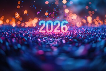 A cinematic wide shot of confetti cascading across a dark background