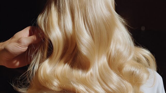 Soft, light-catching blond hair cascades down the shoulders while a hand gently brushes through the waves, capturing the essence of a relaxing salon experience