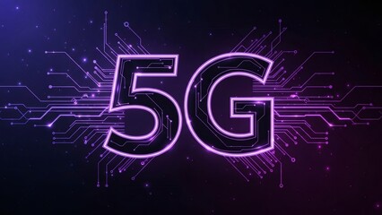 Neon glowing 5G sign with circuit board pattern. Fifth generation mobile network technology. High-speed internet for future connection concept.