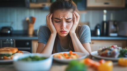 Caucasian woman with brown hair wearing grey t-shirt looking frustrated and holding her head in hands at kitchen table with food. Mental health and diet struggle
