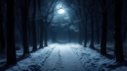 Obraz premium Eerie Winter Forest Path Illuminated by Moonlight.