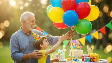 Grandfather holding colorful balloons while celebrating a birthday with a joyful child outdoors