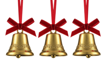 three highly polished golden brass bells hanging from rich deep red velvet ribbons, focused sharply against a transparent studio background with extensive copy space. minimalist christmas luxury