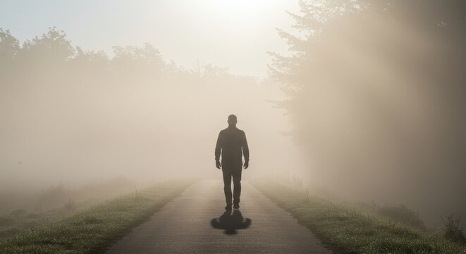 Solitary Figure Walking Into the Misty Dawn - A man walks toward the light in a hazy dawn, symbolizing hope, perseverance, journey, introspection, and new beginnings