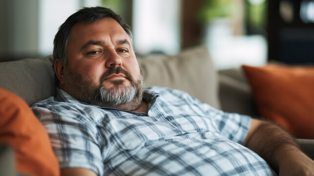 Caucasian overweight man with beard wearing plaid shirt relaxing on sofa with neutral expression. Overweight Issues, daily life and comfort