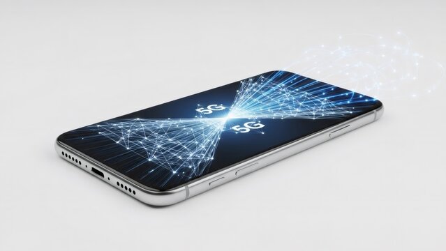 Smartphone showing 5G network connectivity on screen. Modern mobile phone with high-speed internet technology for telecommunication and digital data transfer.