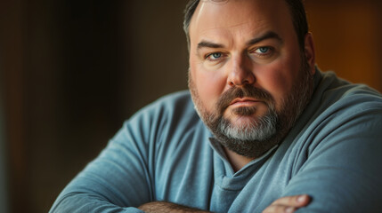 Obraz premium Caucasian overweight man with beard and blue eyes in light blue shirt looking directly at camera with serious expression, arms crossed, close up. Business and personal reflection