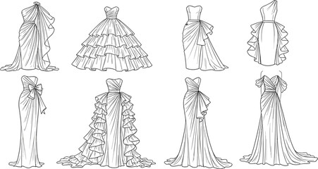 Set of elegant evening dress sketches, fashion illustration collection, wedding gown line art, black and white vector outline for coloring book design. © Sagar Creative