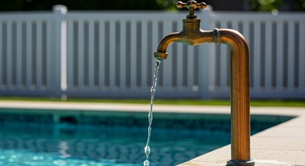 Sunlit Water Faucet by Poolside - Water flows from a brass faucet by the pool, symbolizing refreshment, leisure, hydration, abundance, and a tranquil escape