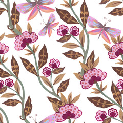 Botanical greenery hand painted abstract retro flower watercolor seamless pattern