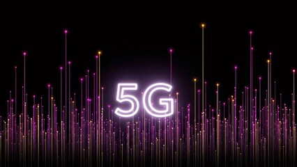Glowing 5g text against a black background with pulsing data lines. High speed fifth generation cellular network technology for future communication.