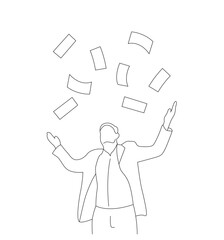 Line Art Business Man Catching Falling Money Isolated on White. Earning income salary or winning a jackpot vector art