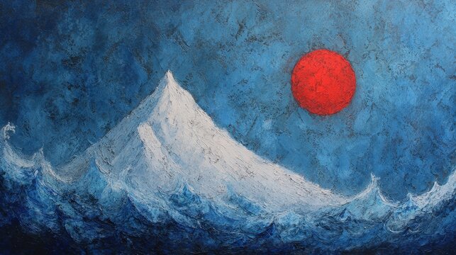 Abstract Painting of Mountain and Red Orb Against a Textured Blue Background