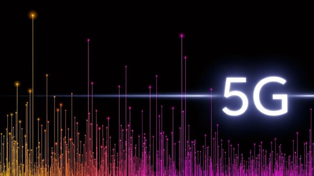5G network concept with upward growing data lines. High speed internet technology development for telecommunication and digital innovation.