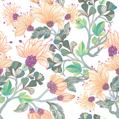 Botanical greenery garden plants foliage abstract retro flower watercolor repeat