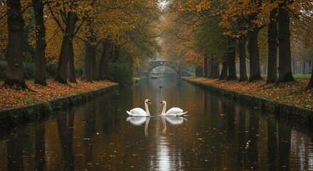 Tranquil Canal with Serene Swans in Autumn - Two swans glide on a still canal, reflecting autumn trees. Symbolizes peace, beauty, nature, love, and tranquility