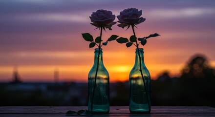 Two Roses in Bottles at Sunset - Two roses in glass bottles are set against a stunning sunset sky in this peaceful, romantic