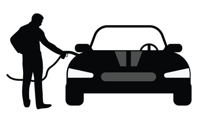 Silhouette of Man Fueling a Car with Gasoline. People and transportation means, automotive services vector art
