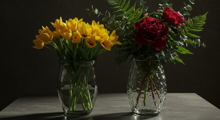 Two Vases with Floral Arrangements on Tabletop - Yellow blossoms and dark foliage symbolize joy, abundance, elegance, growth, and memories