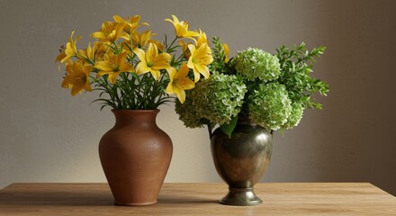 Two Vases with Flowers on Table - Still life shot of two vases, one with yellow lilies and the other with green hydrangeas, sitting on a wooden table against a neutral background