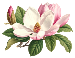 Close-up of pink and white magnolia blooms, green leaves, and bud