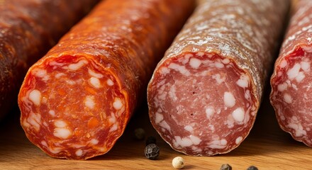 Variety of Cured Sausage - Close up shot of several varieties of delicious cured sausage on a wooden board with pepper corns