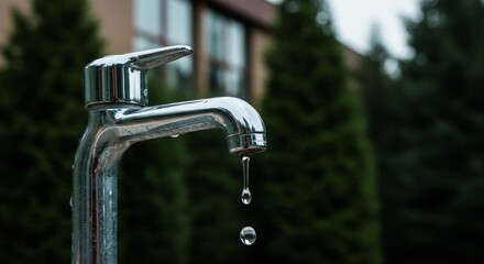 Water Droplet From Faucet - Close up of a faucet with water droplets falling, set against a blurred outdoor background