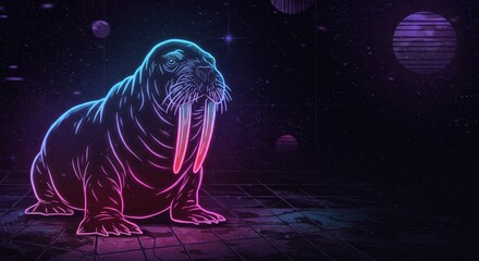Walrus in Cyber Space - A neon walrus embodies power, adaptability, and wisdom, against a futuristic backdrop that symbolizes frontier, exploration, and connection