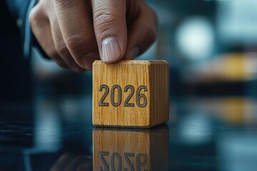 A wooden sign with text "2026"  touched by hand concept